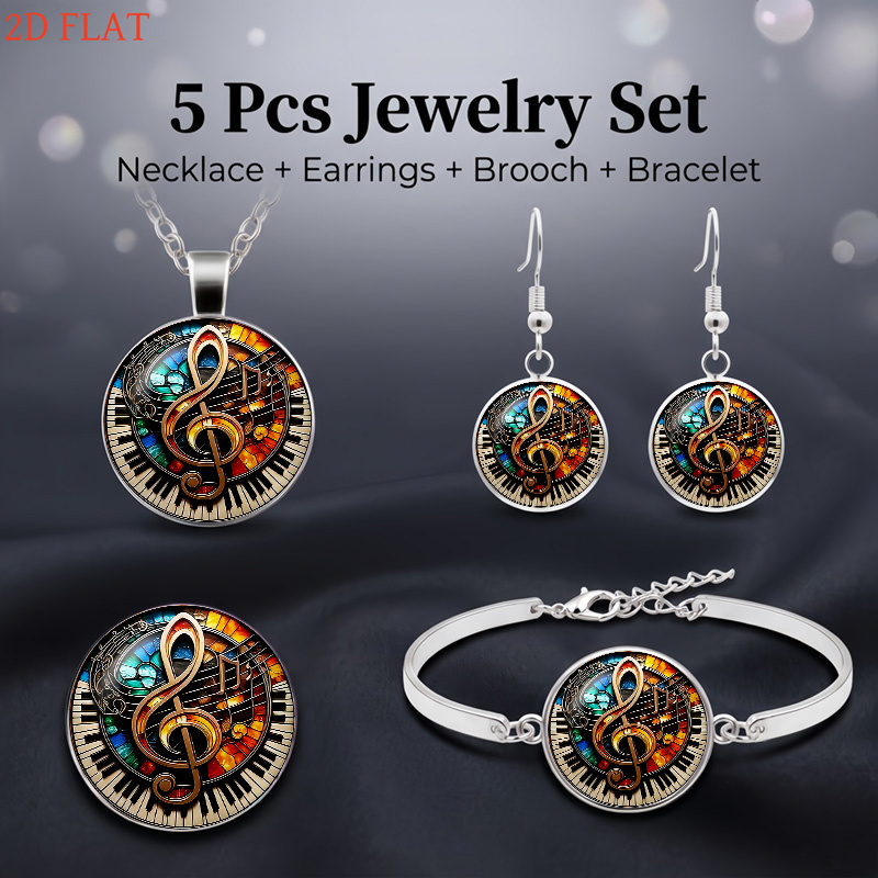 Women's 5pcs Music-Themed Necklace, Earrings, Brooch, Bracelet Set